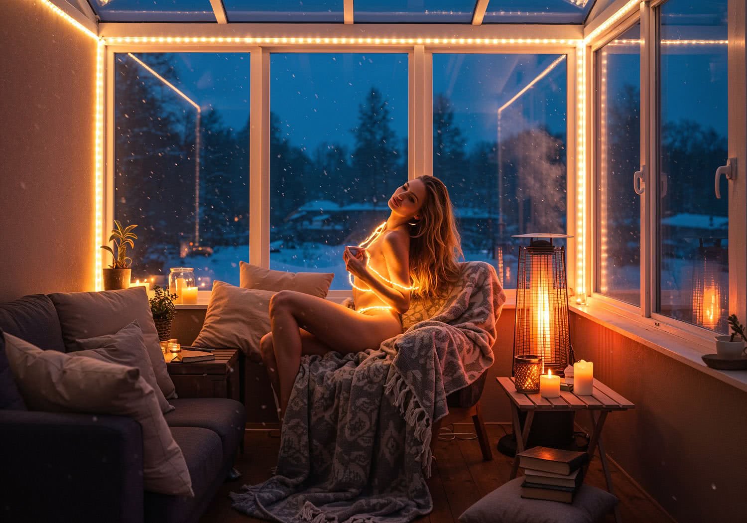 Zimowe wieczory na przeszklonym tarasie – ciepła oaza w środku zimy