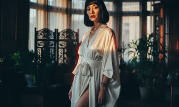 Porcelanowo-biała sukienka maxi z jedwabiu habotai – minimalistyczna elegancja inspirowana japońską estetyką
