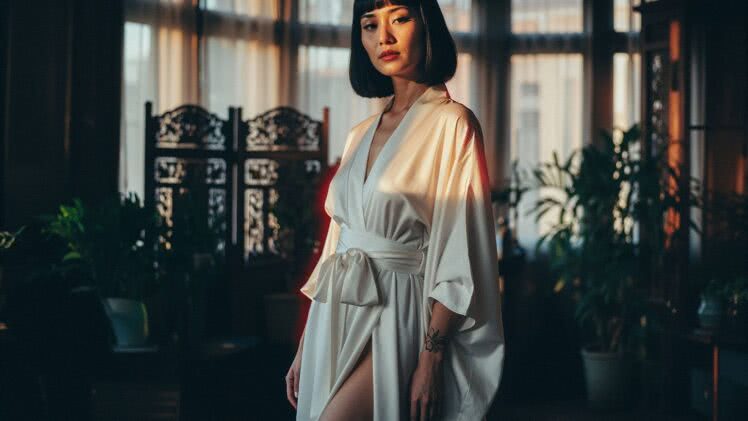Porcelanowo-biała sukienka maxi z jedwabiu habotai – minimalistyczna elegancja inspirowana japońską estetyką