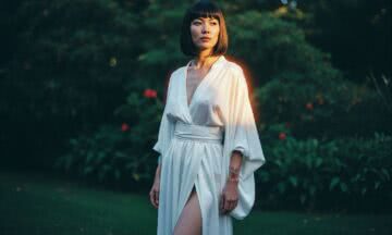 Porcelanowo-biała sukienka maxi z luksusowego jedwabiu habotai w stylu kimono – szczyt minimalistycznej elegancji