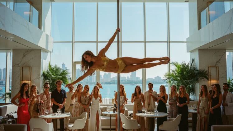 Zmysłowy taniec z elementami pole dance w ekskluzywnym klubie Dubaju – siła ciała w luksusowym otoczeniu