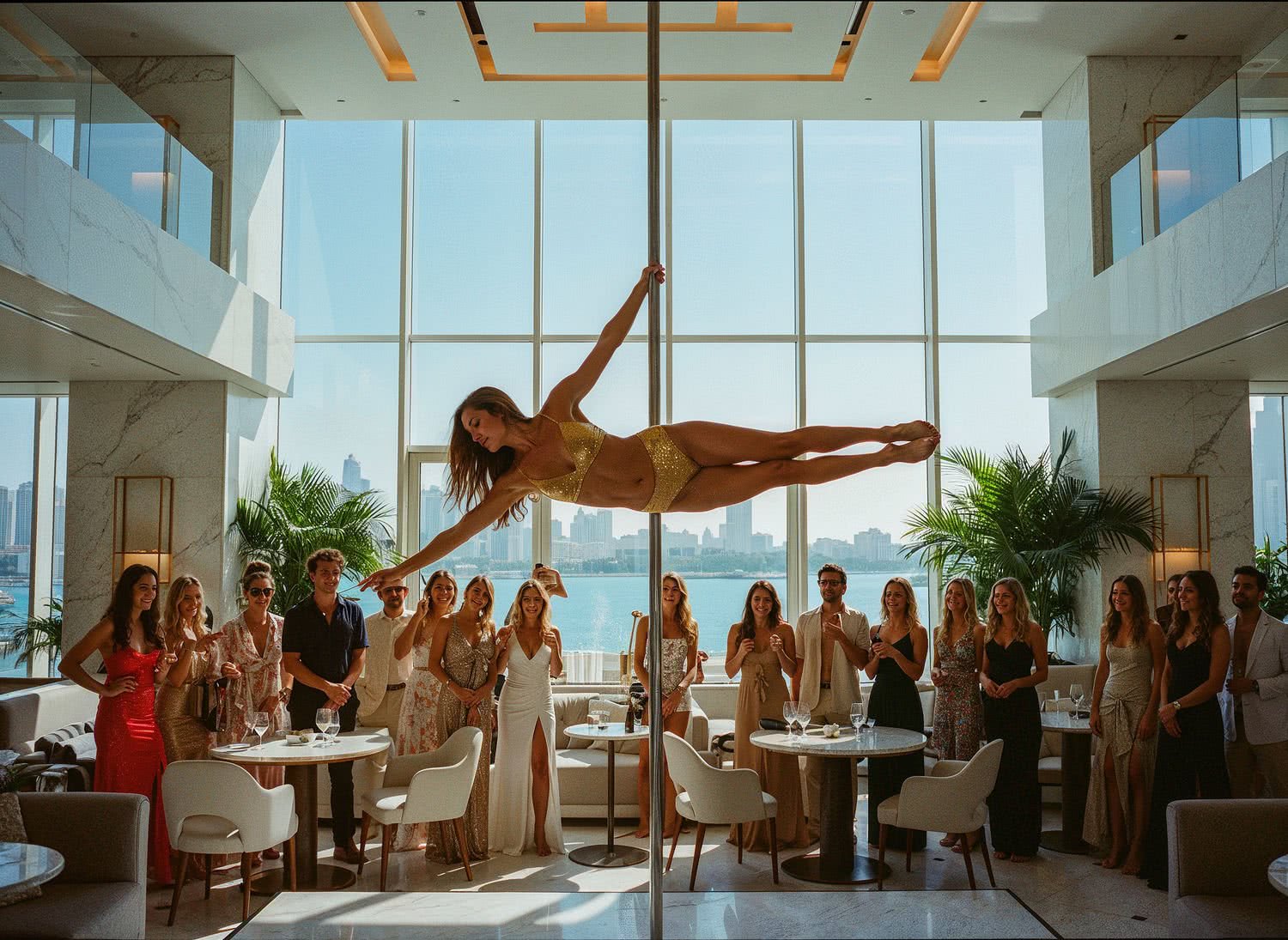 Zmysłowy taniec z elementami pole dance w ekskluzywnym klubie Dubaju – siła ciała w luksusowym otoczeniu